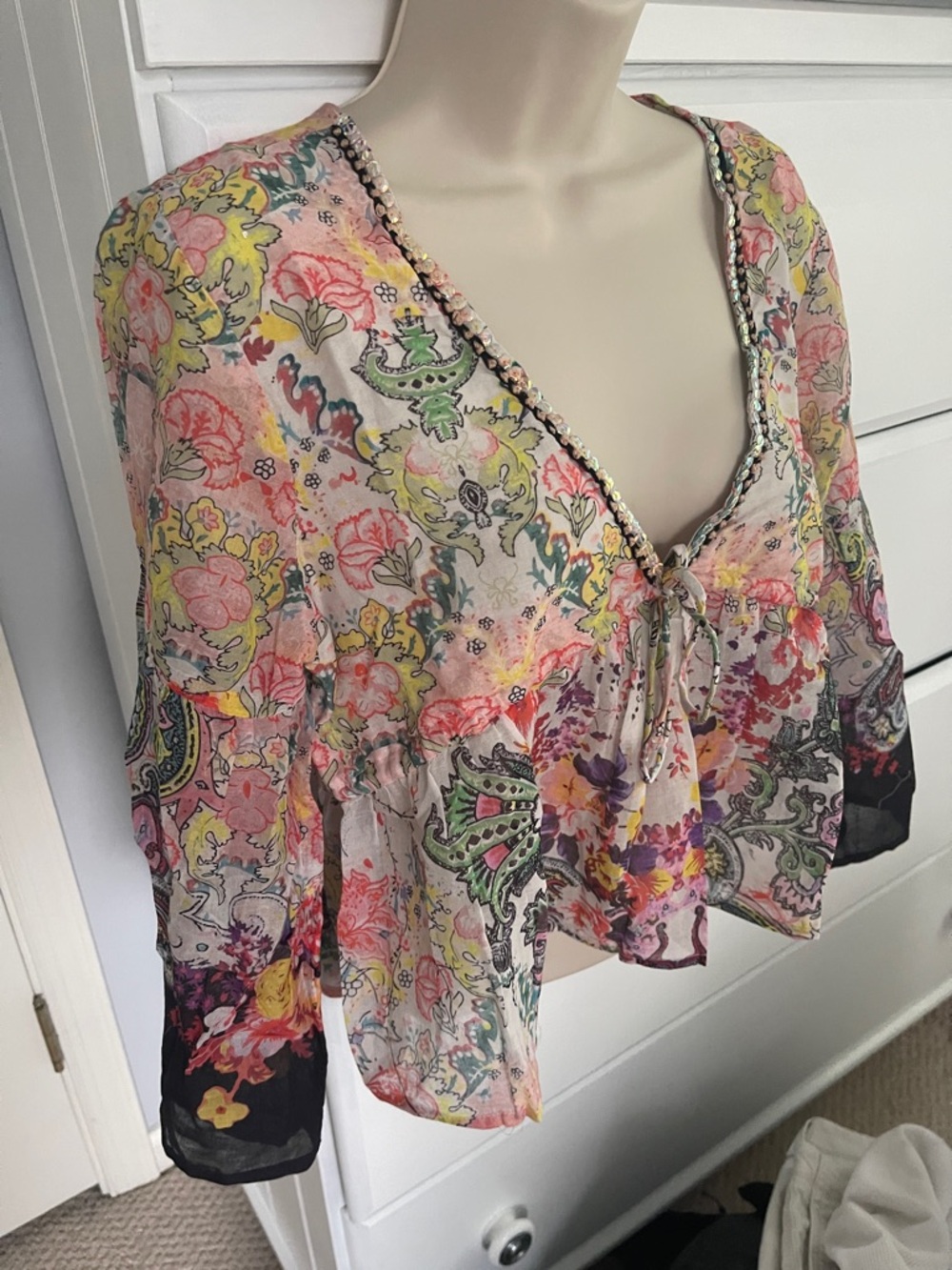 NATURAL LIFE Pastel Floral Beaded Trim Top - Pink Green Yellow Blue - Picture 3 of 6